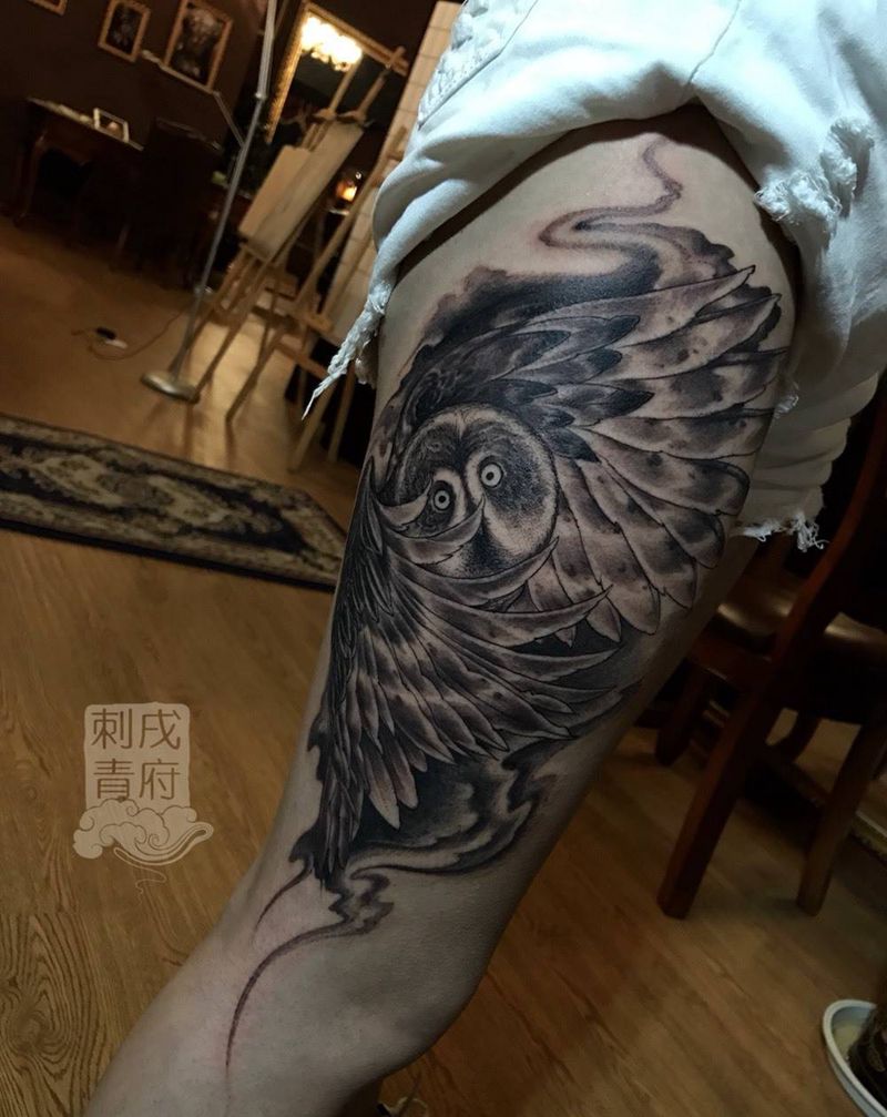夜行猛禽猫头鹰纹身图片_传统手稿纹身图案
