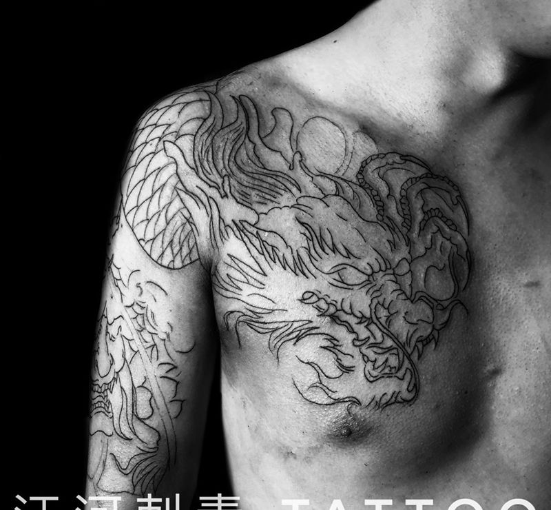 半甲纹身图片_成品胸部手臂传统动物鬼神纹身图案