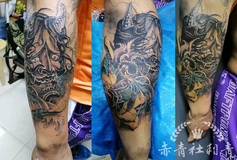 旧图遮盖，般诺完成纹身图片_手臂新传统人物莲花绳铃纹身图案