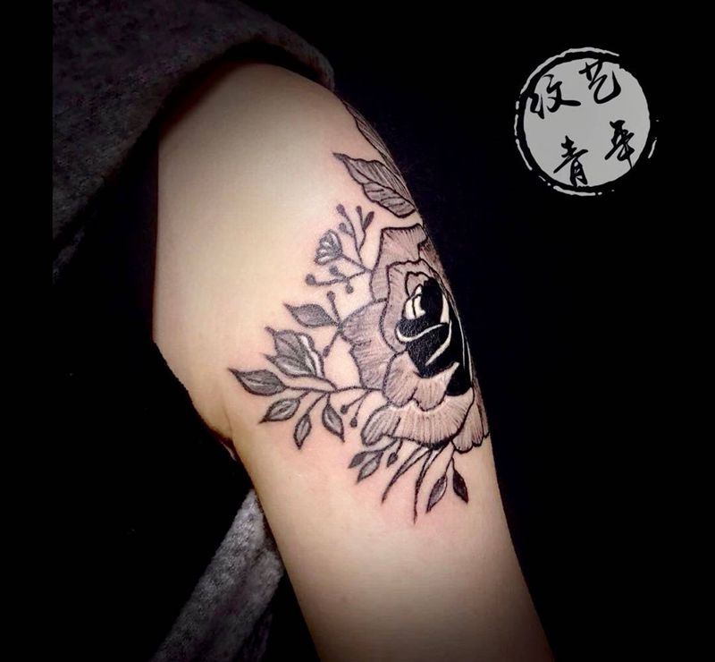 姐妹花-纹身图片_成品肩部清新植物纹身图案