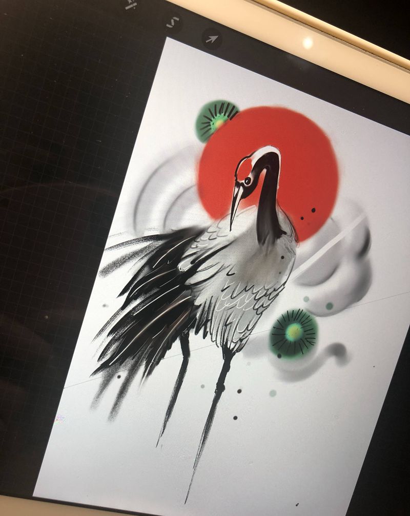 仙鹤纹身图片_腿部水彩水墨纹身图案