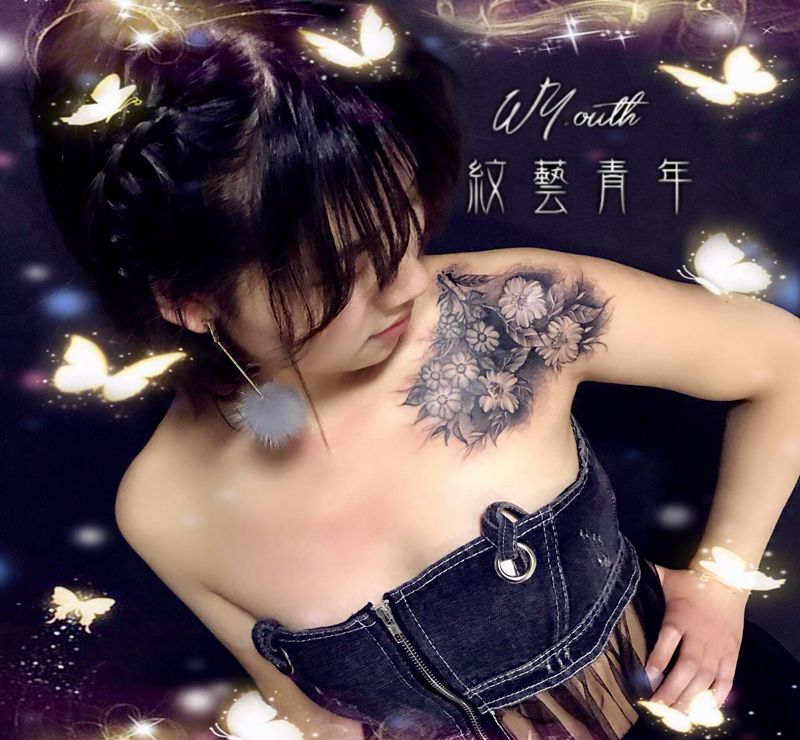 旧纹身修改纹身图片_颈部肩部New School花纹身图案