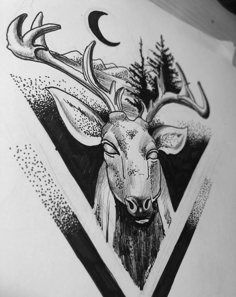 鹿头纹身纹身图片_背部点刺几何纹身图案