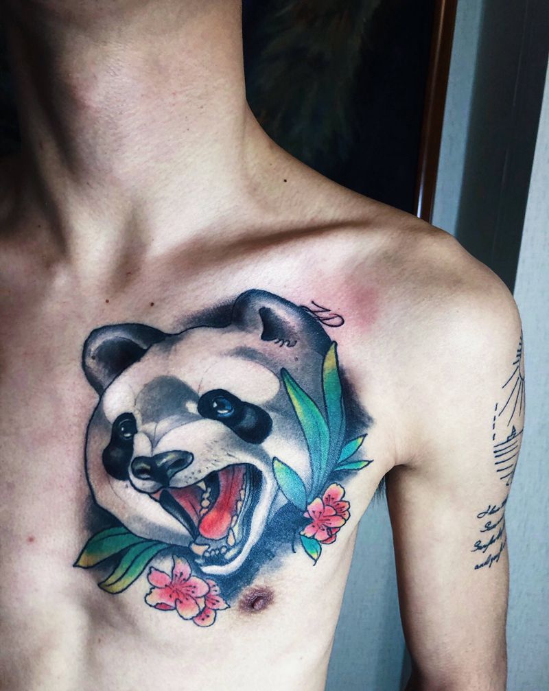 熊猫恢复纹身图片_胸部New School纹身图案