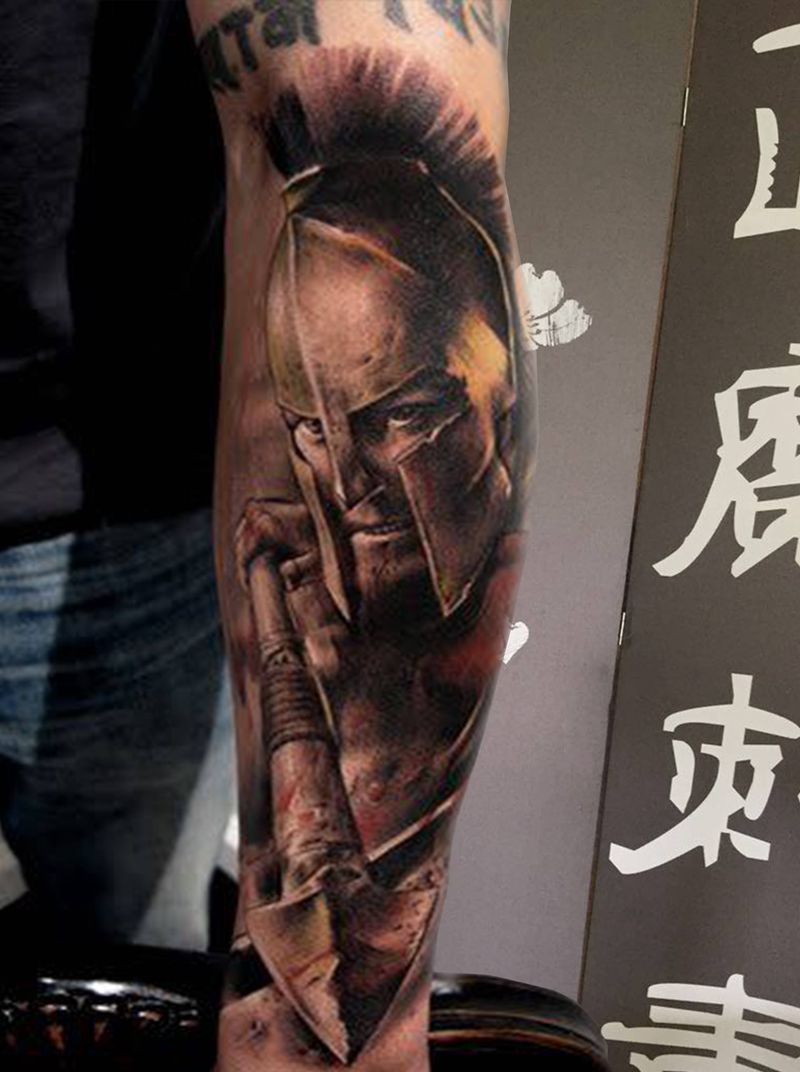 斯巴达纹身图片_手臂欧美写实纹身图案