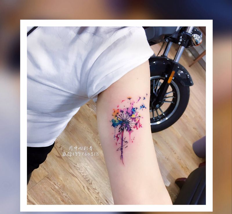 蒲公英纹身图片_手臂水彩蒲公英彩色纹身图案