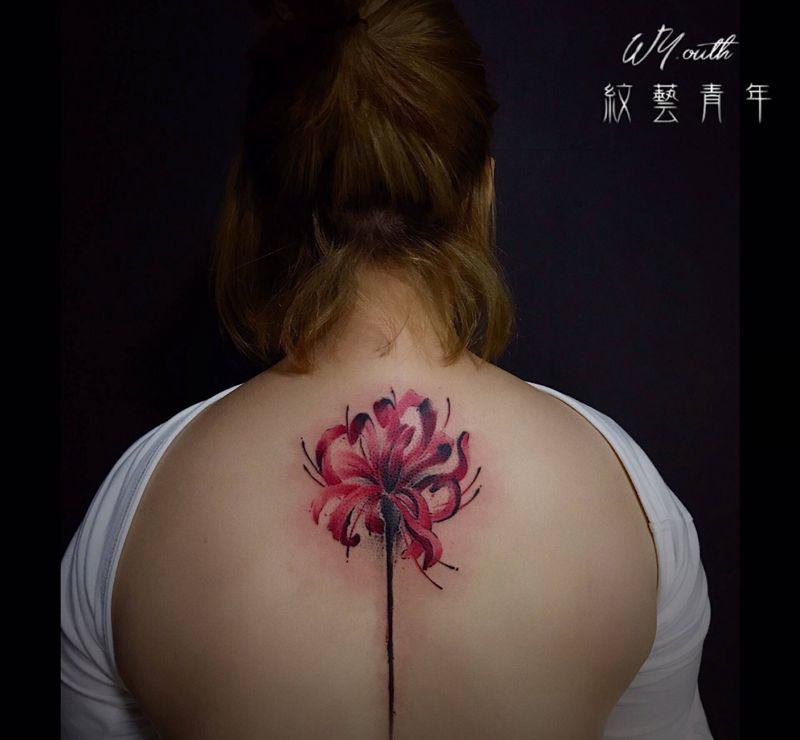 、-曼珠沙华彼岸花纹身图片_背部水墨原创纹身图案
