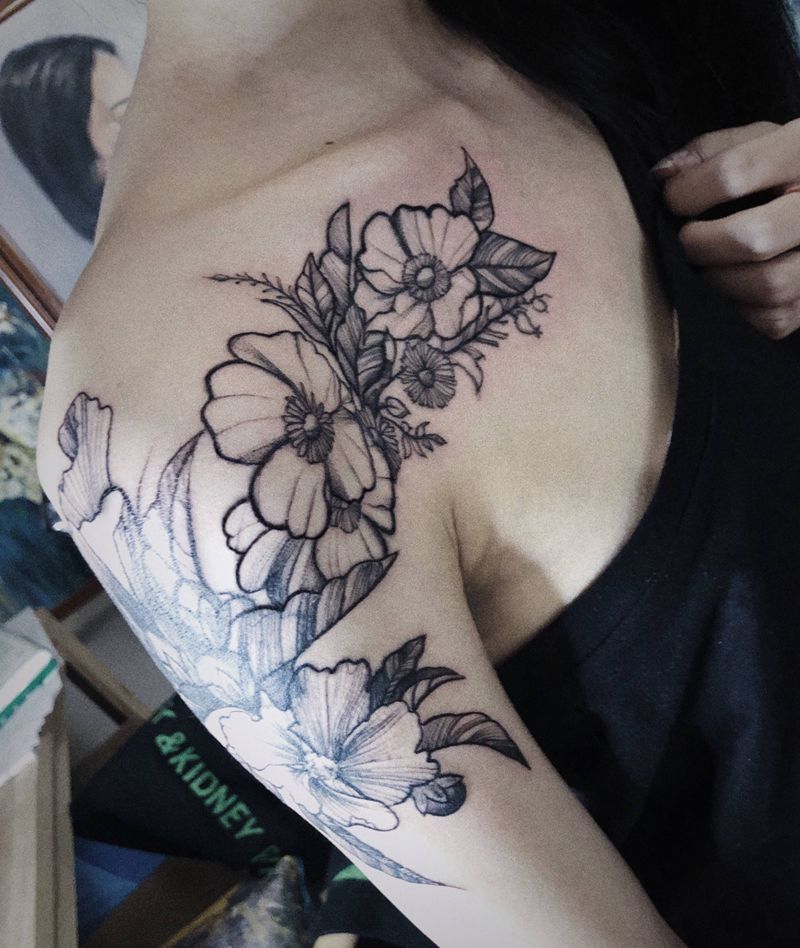 素花遮盖纹身图片_胸部手臂图腾纹身图案