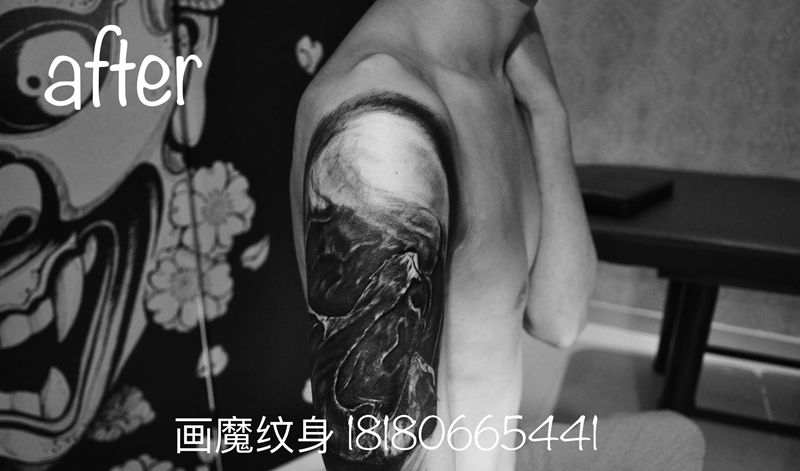 暗黑遮盖纹身图片_肩部欧美写实纹身图案