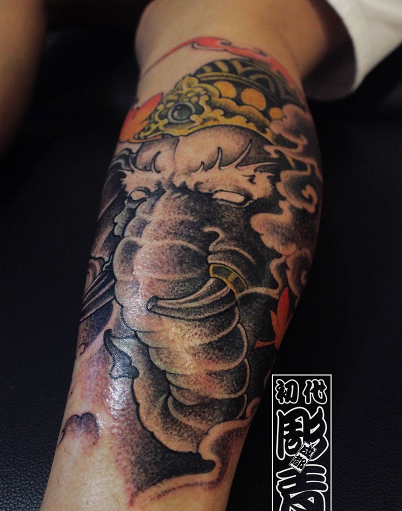 象神纹身图片_腿部新传统日式刺青象神纹身图案