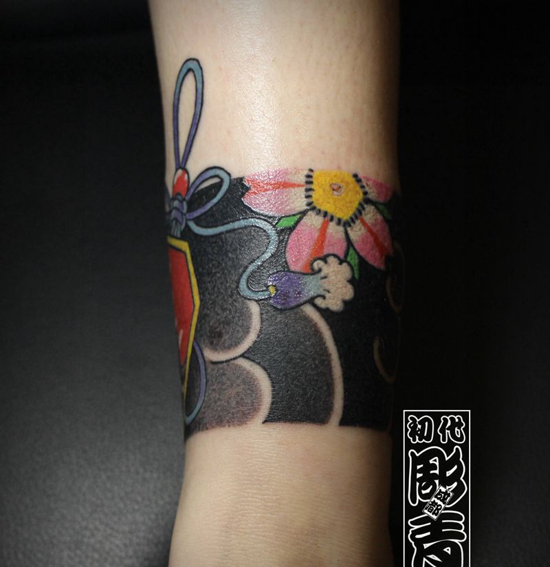 日式脚环遮盖定制纹身图片_腿部老传统日式刺青手环脚环纹身图案