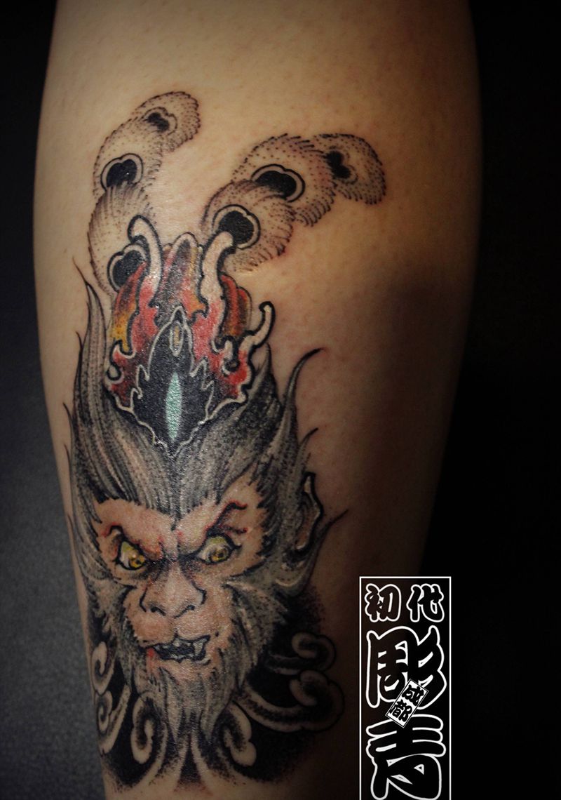 悟空纹身图片_腿部日式刺青纹身图案