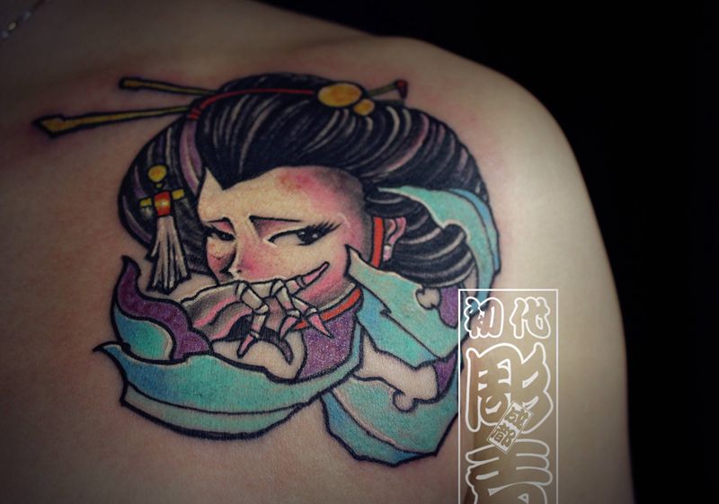 彫青-艺妓纹身图片_肩部日式刺青纹身图案