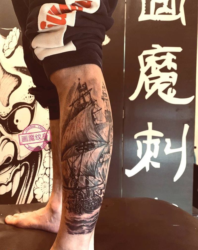 乘风破浪纹身图片_腿部欧美写实纹身图案