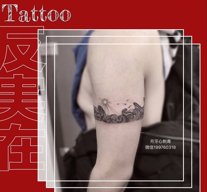 海纹身图片_手臂点刺线条清新纹身图案