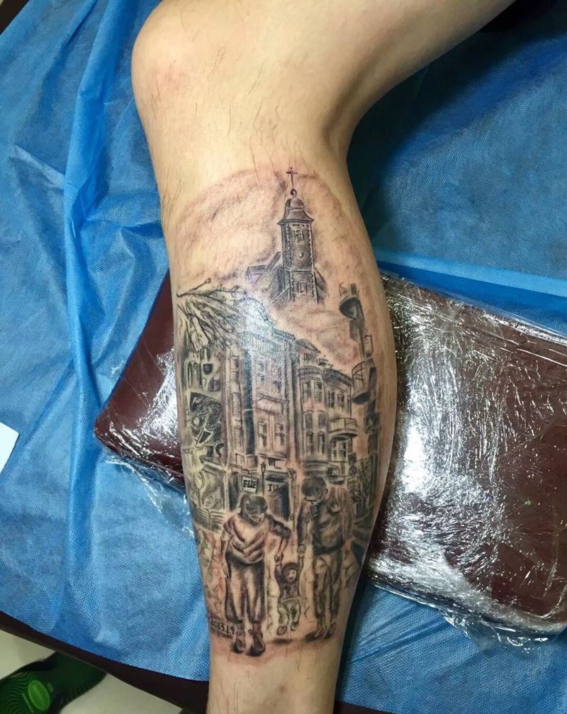 一家三口纹身图片_腿部欧美写实纹身图案