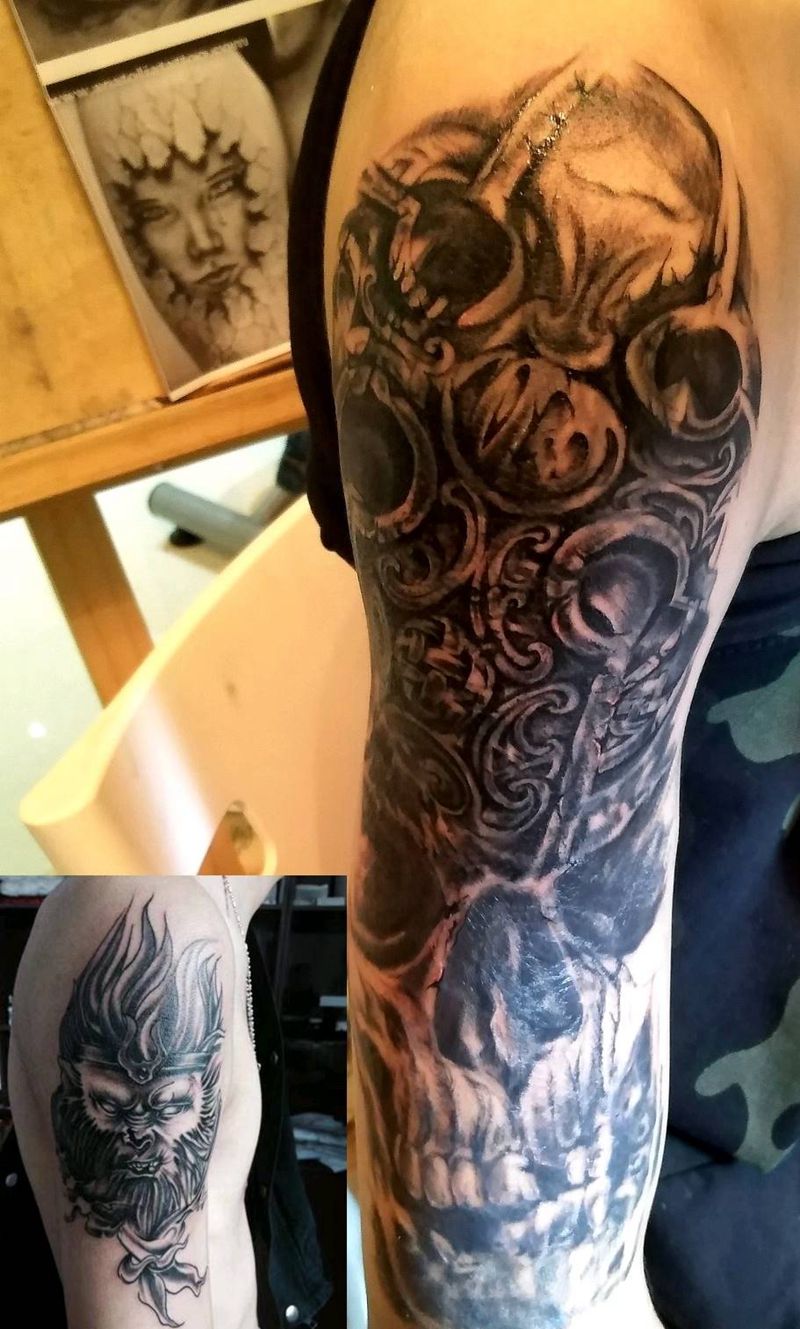 遮盖悟空纹身图片_肩部欧美写实纹身图案