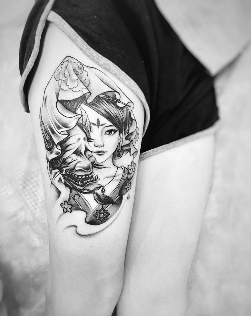 美女呢纹身图片_成品腿部臀部纹身图案