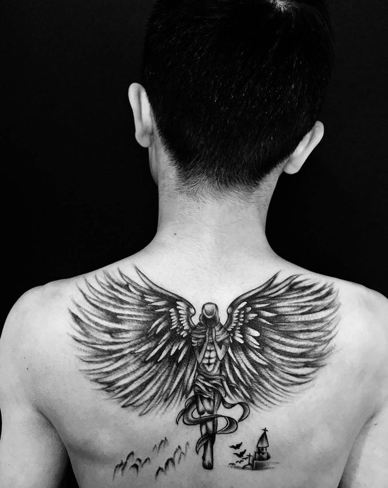 天使纹身图片_成品背部纹身图案
