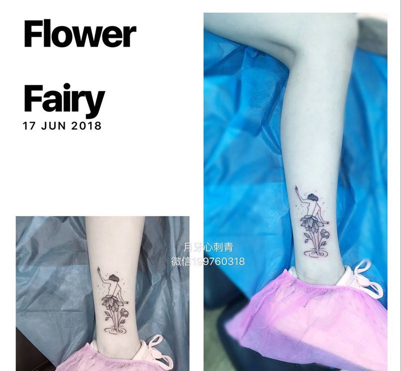花仙子纹身图片_成品腿部脚部清新人物莲花仙子纹身图案