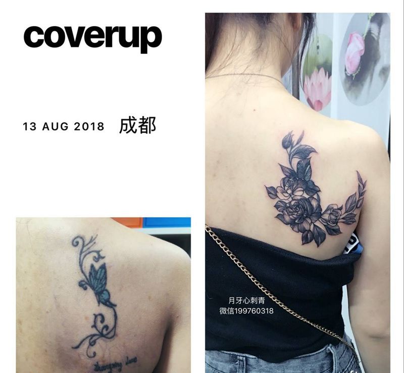 旧纹身遮盖纹身图片_背部清新花纹身图案
