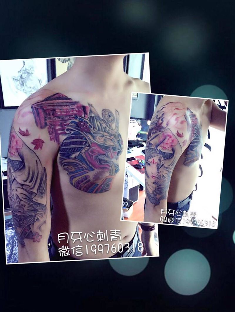 红武士VS般若艺妓纹身图片_鬼神人物成品手臂胸部半胛日式纹身图案