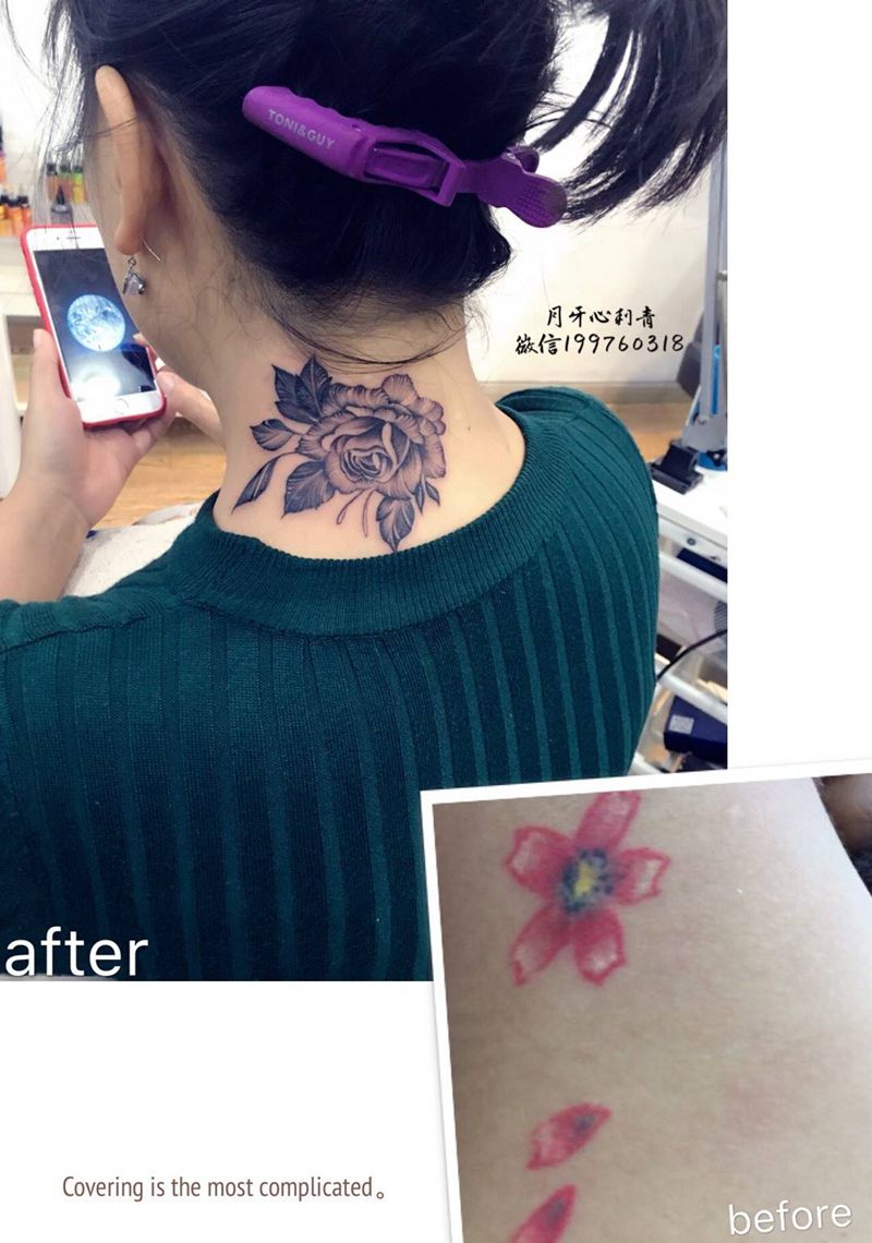 旧纹身遮盖纹身图片_成品颈部清新欧美植物旧遮盖玫瑰纹身图案