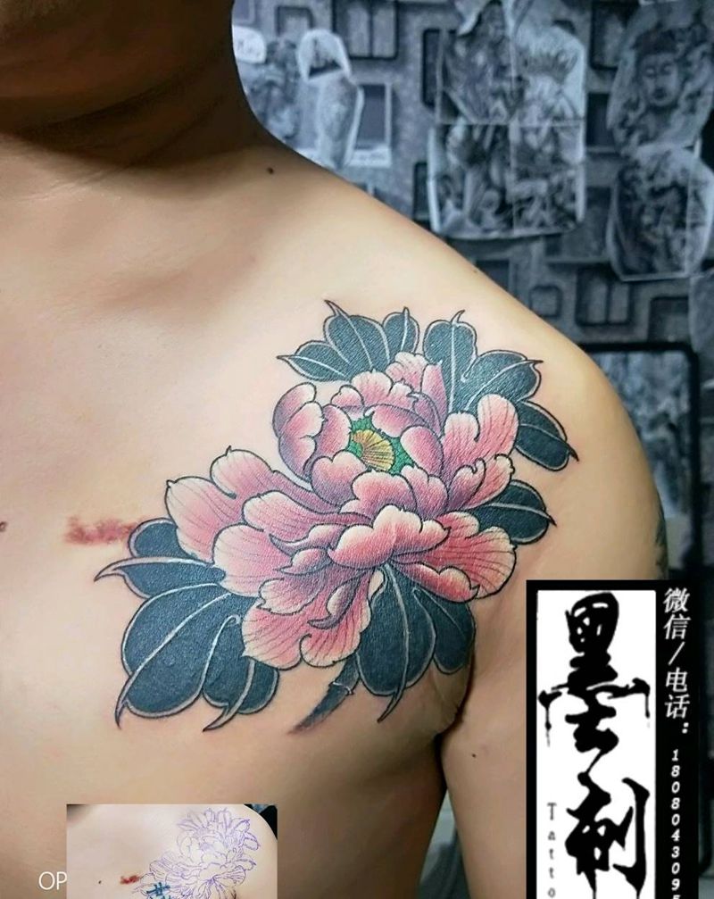 牡丹纹身图片_胸部纹身图案