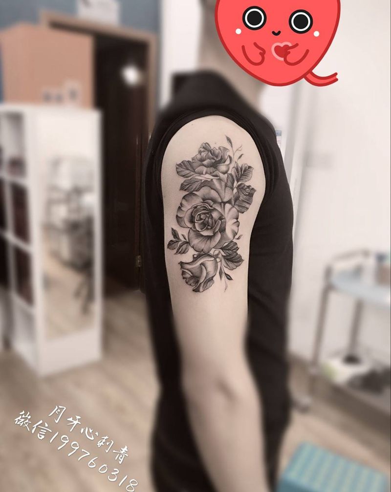 玫瑰纹身图片_成品手臂欧美清新植物玫瑰纹身图案