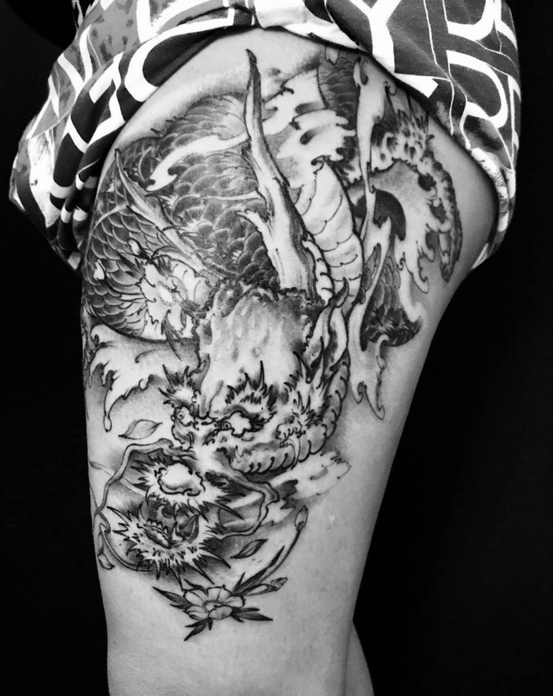 龙～待续纹身图片_传统腿部纹身图案