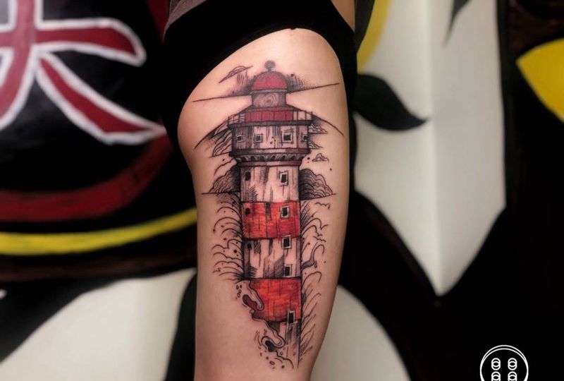 灯塔纹身图片_腿部灯塔纹身图案