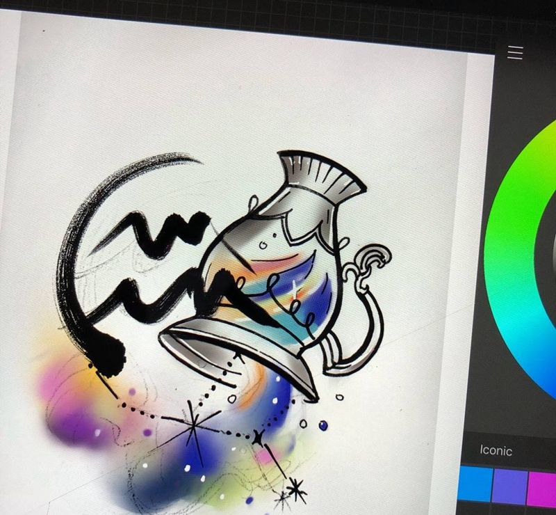 水瓶座纹身图片_肩部水彩水墨纹身图案