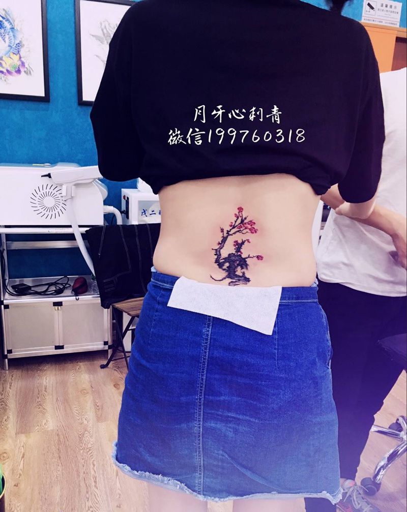 遮盖纹身纹身图片_旧遮盖成品腰部清新国画植物梅花纹身图案