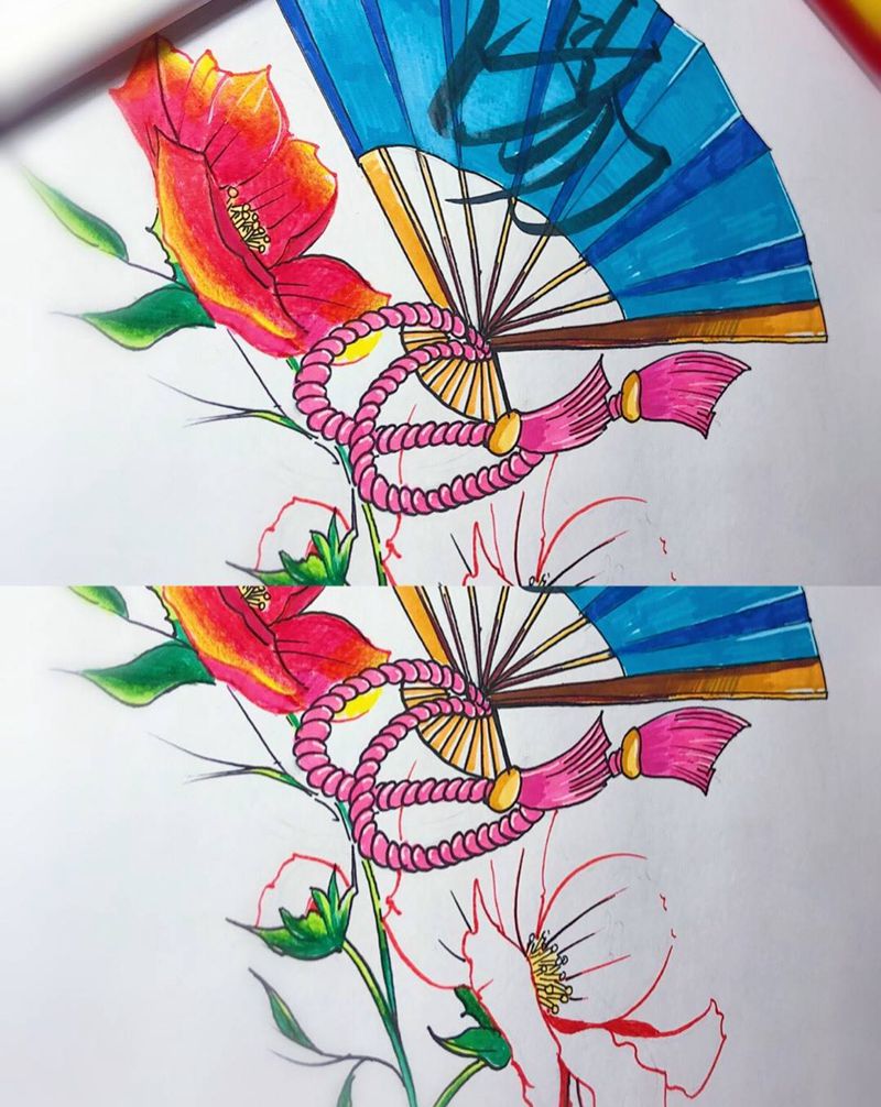 折扇 花卉纹身图片_腰部水彩水墨纹身图案