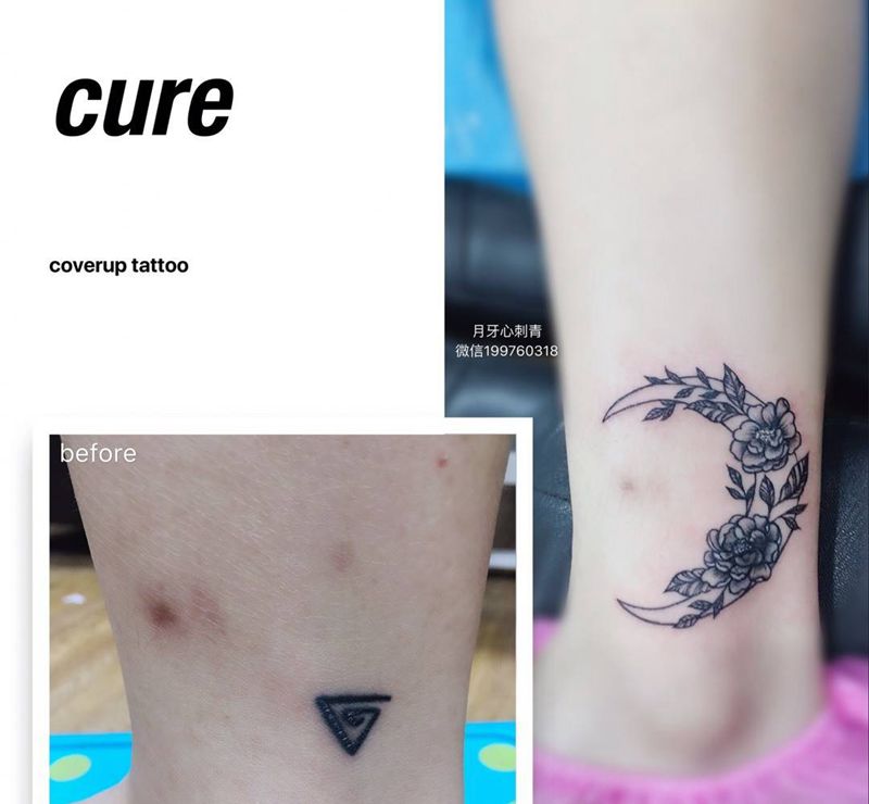 旧纹身遮盖纹身图片_腿部脚部小清新月亮花纹身图案