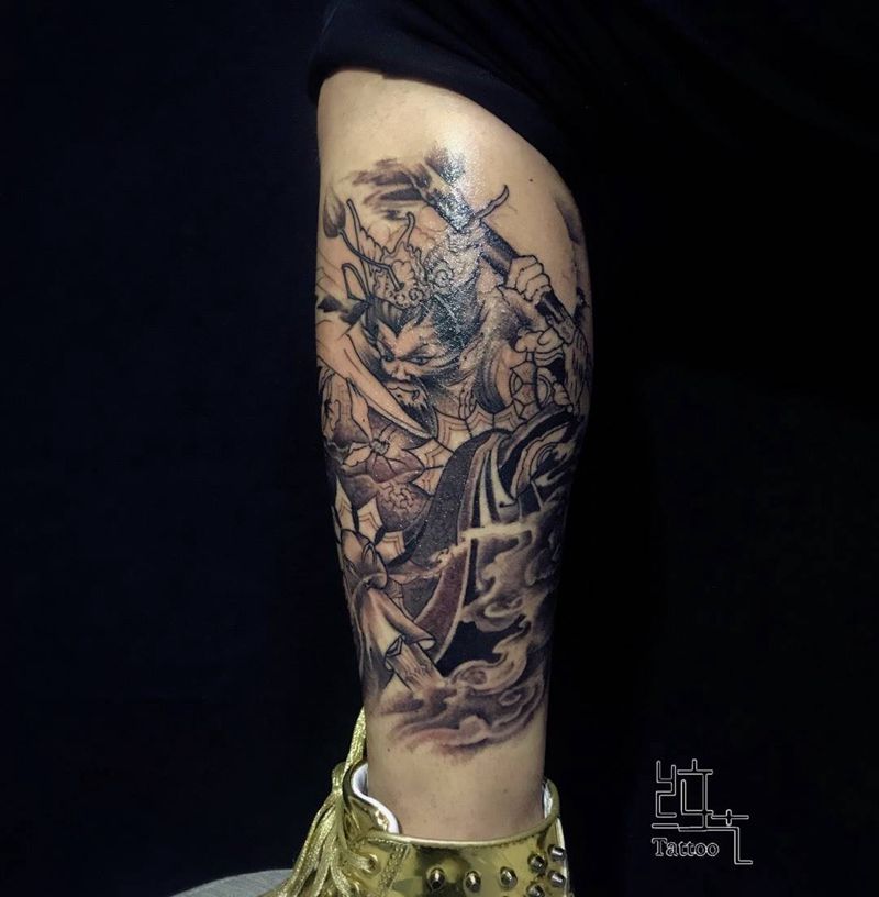 大圣归来（未完）纹身图片_腿部传统鬼神新传统纹身图案