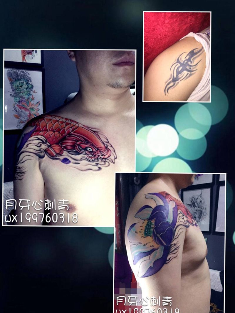 鱼跃纹身图片_成品胸部手臂传统植物半胛鱼纹身图案