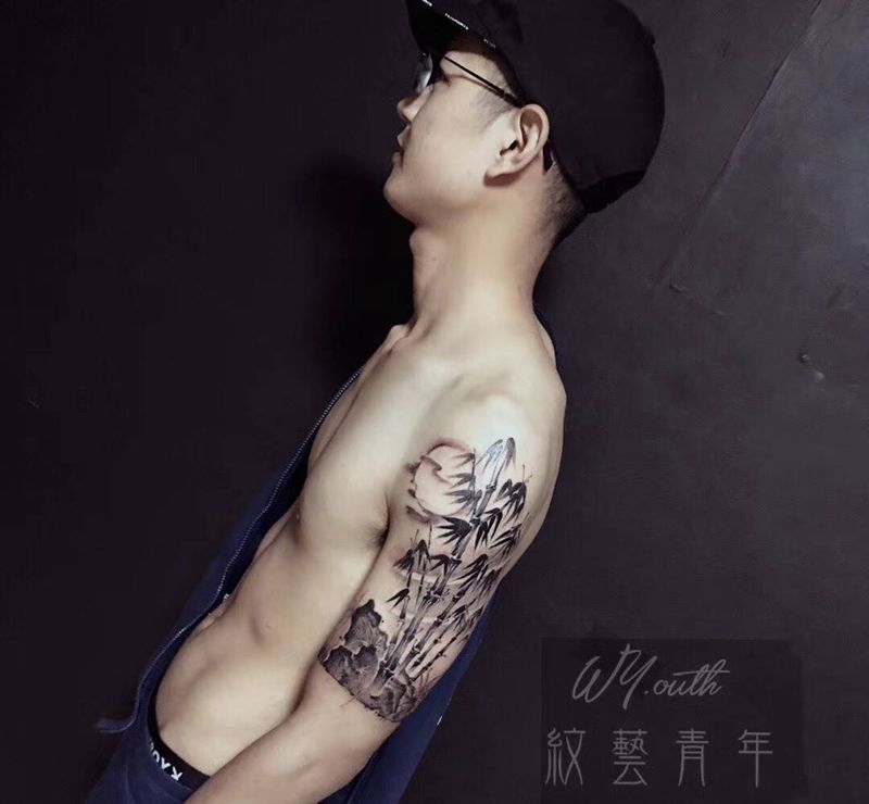 、- 疤痕遮盖： 竹林深处曲径幽深.纹身图片_手臂水墨新传统原创遮盖疤痕遮盖纹身图案