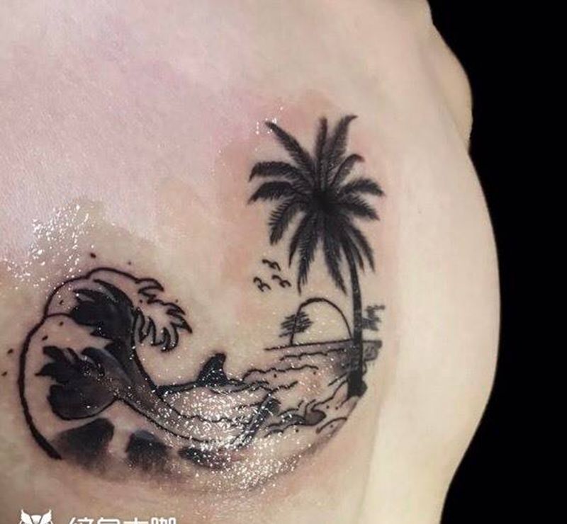 浪漫小海滩纹身图片_私人定制静物清新成品手稿胸部原创手稿纹身图案