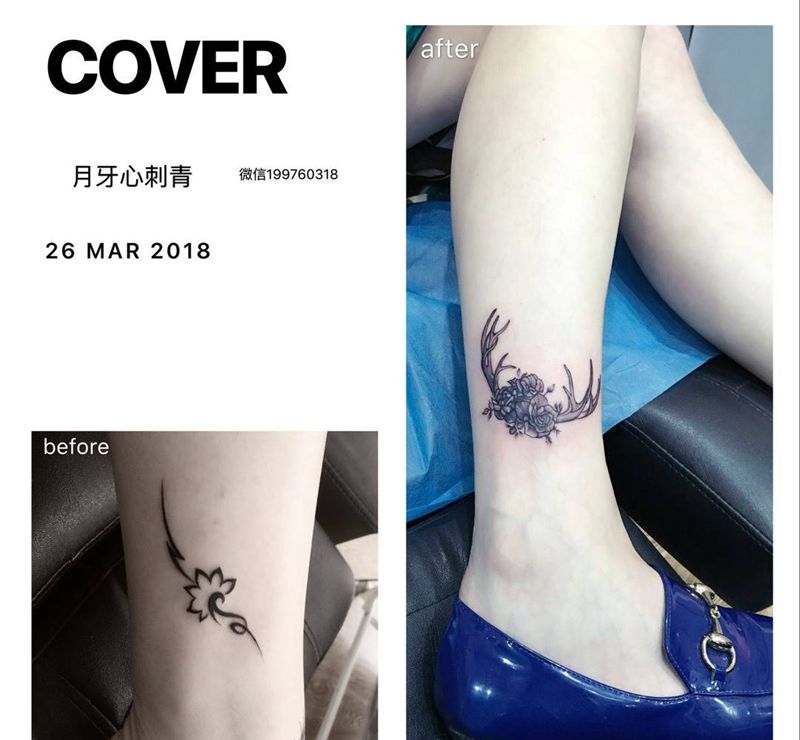 旧纹身遮盖纹身图片_成品腿部脚部清新旧遮盖动物植物纹身图案