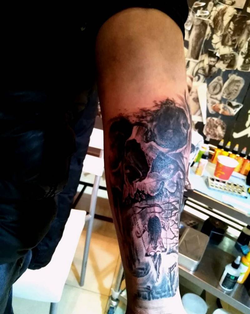 暗黑风遮盖纹身图片_手臂欧美写实纹身图案