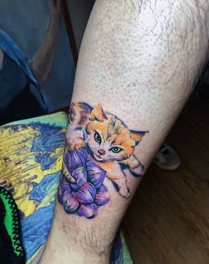 猫咪➕多肉纹身图片_腿部水彩纹身图案