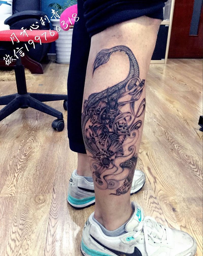 大圣纹身图片_成品大圣龙腿部传统国画人物鬼神纹身图案