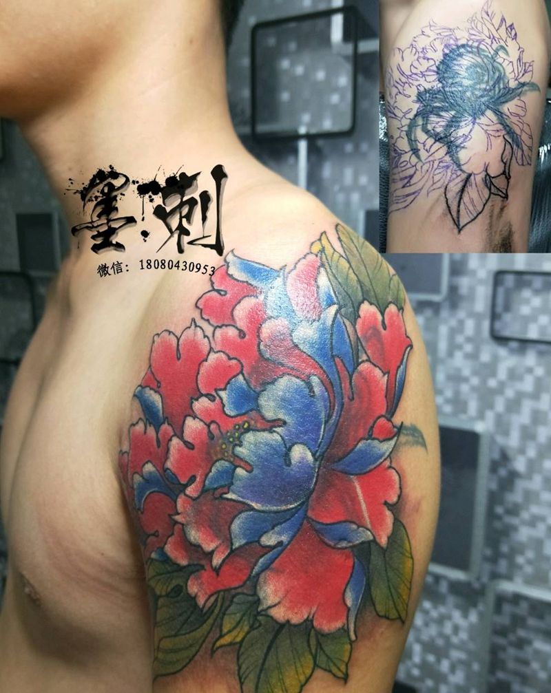 牡丹纹身图片_手部手臂新传统纹身图案