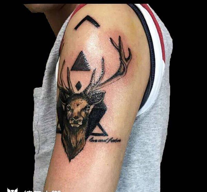 麋鹿纹身图片_成品肩部写实动物纹身图案