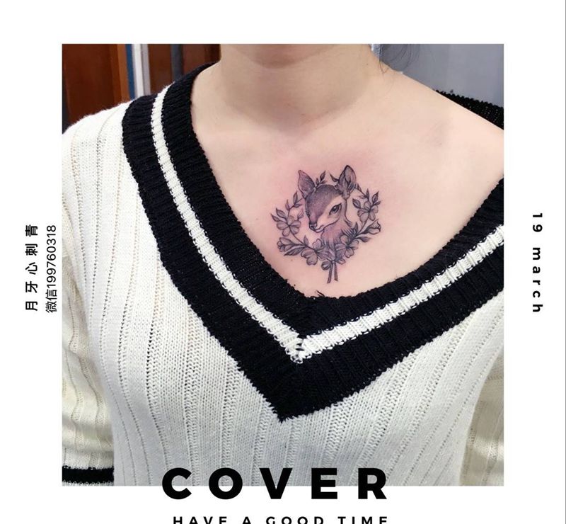 疤痕遮盖纹身图片_成品胸部清新植物动物麋鹿疤痕遮盖纹身图案