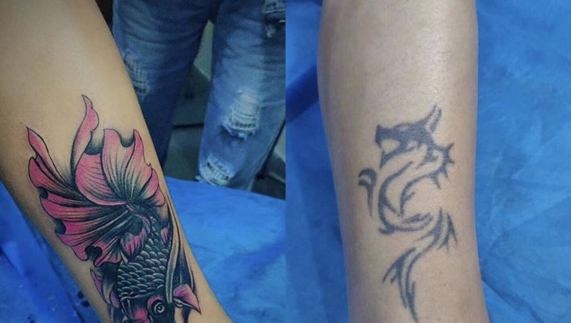 遮盖纹身图片_腿部老传统纹身图案