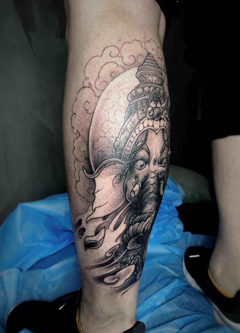 象神纹身图片_腿部新传统纹身图案
