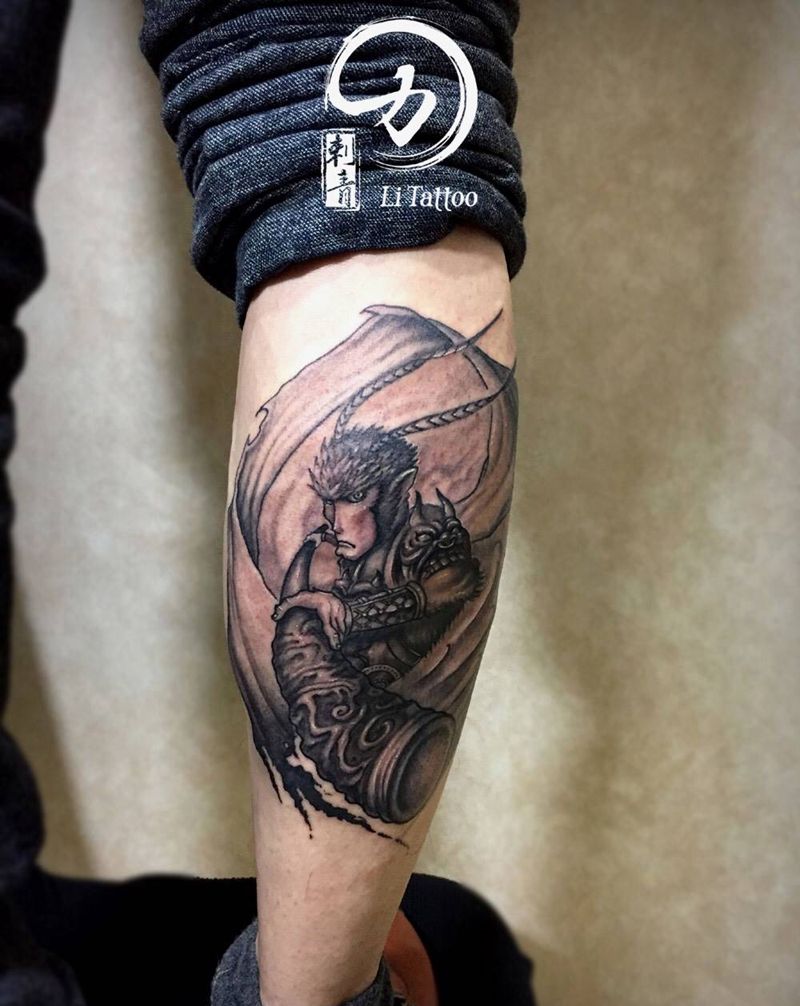 大圣来咯纹身图片_成品腿部写实传统原创人物鬼神动物纹身图案