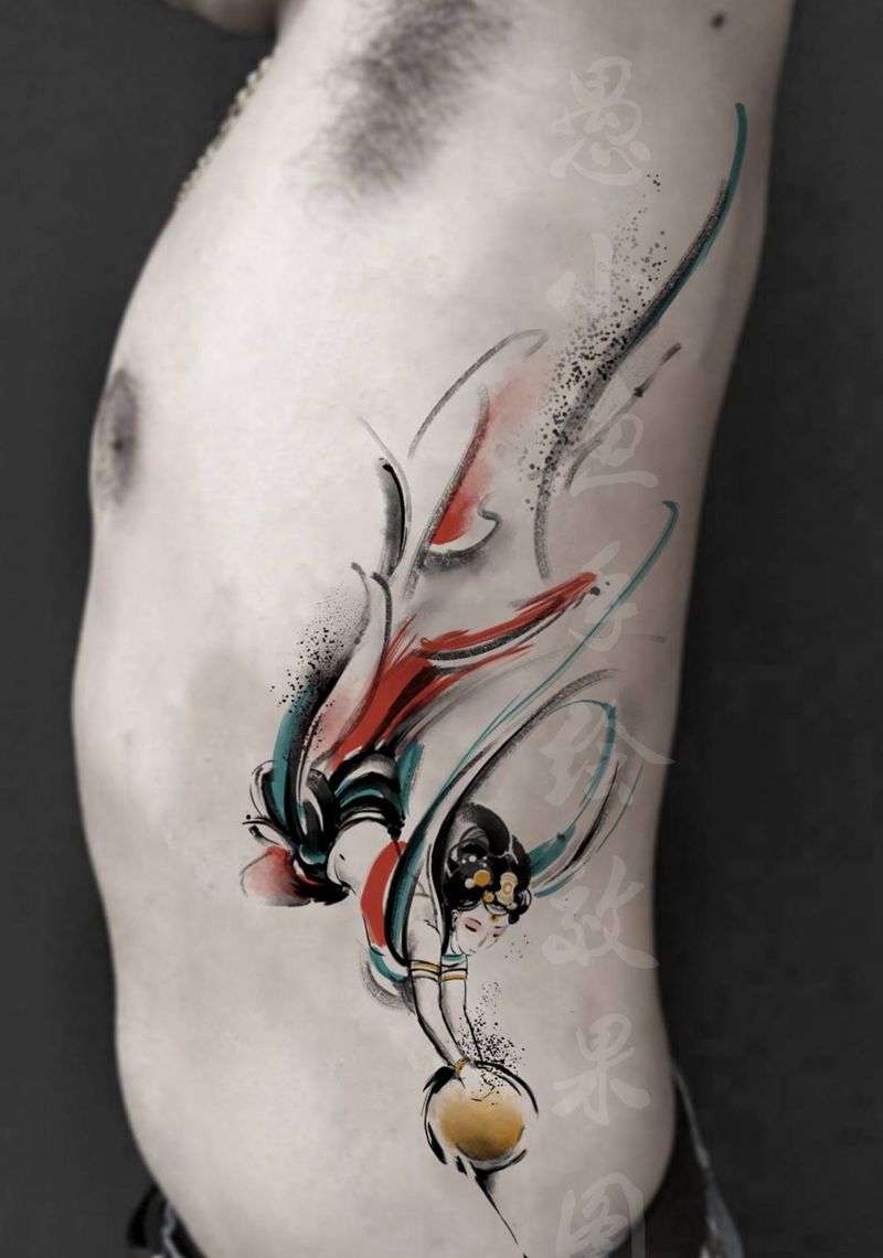 飞天纹身图片_手臂水墨纹身图案